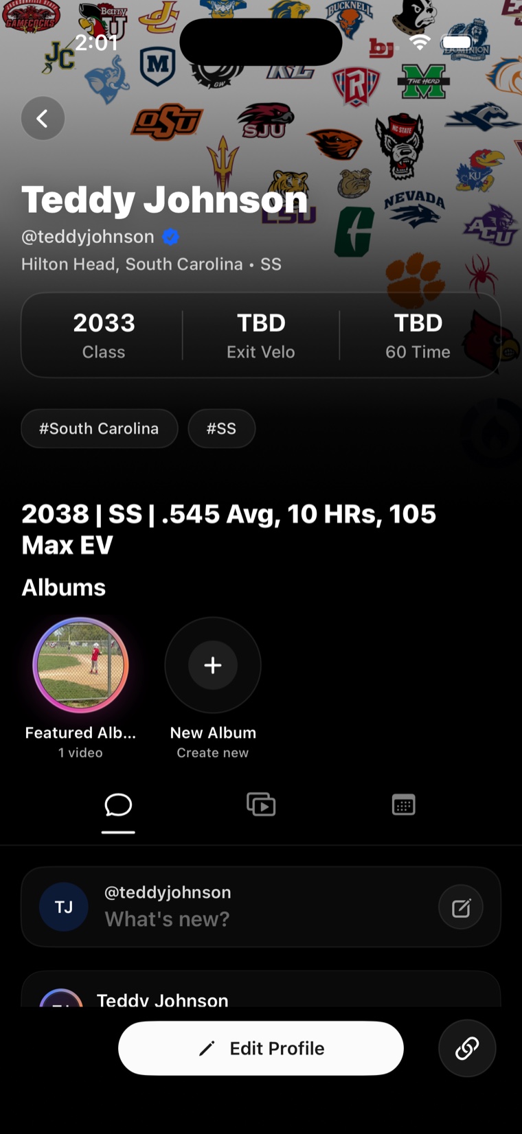 An athlete recruiting profile in AWRE Recruit