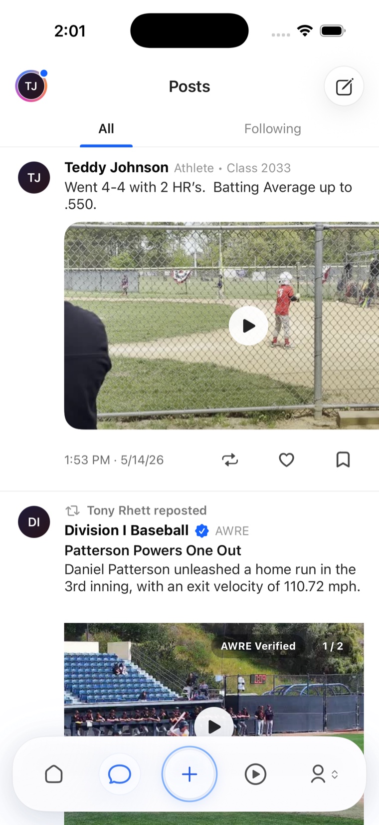 Athlete posts and verified game video in AWRE Recruit