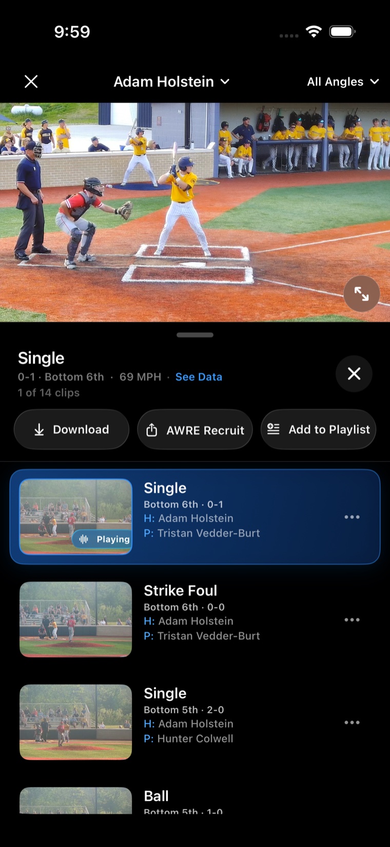 Saved video playlists in the AWRE Sports App