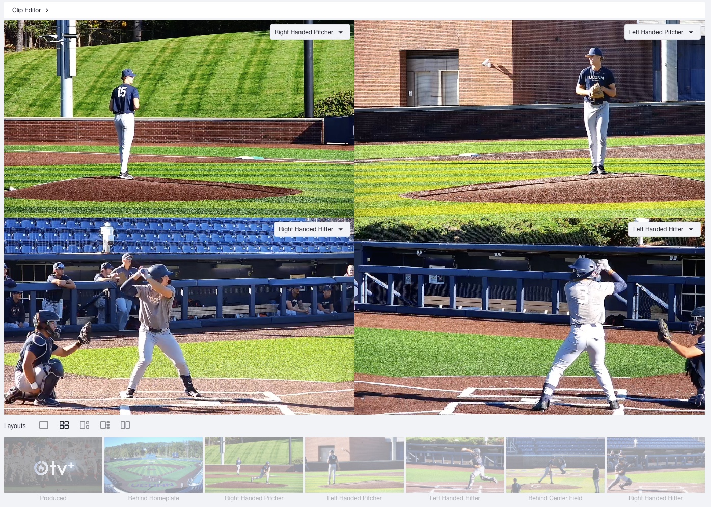 AWRE clip editor showing right- and left-handed pitcher and hitter camera angles from a baseball field